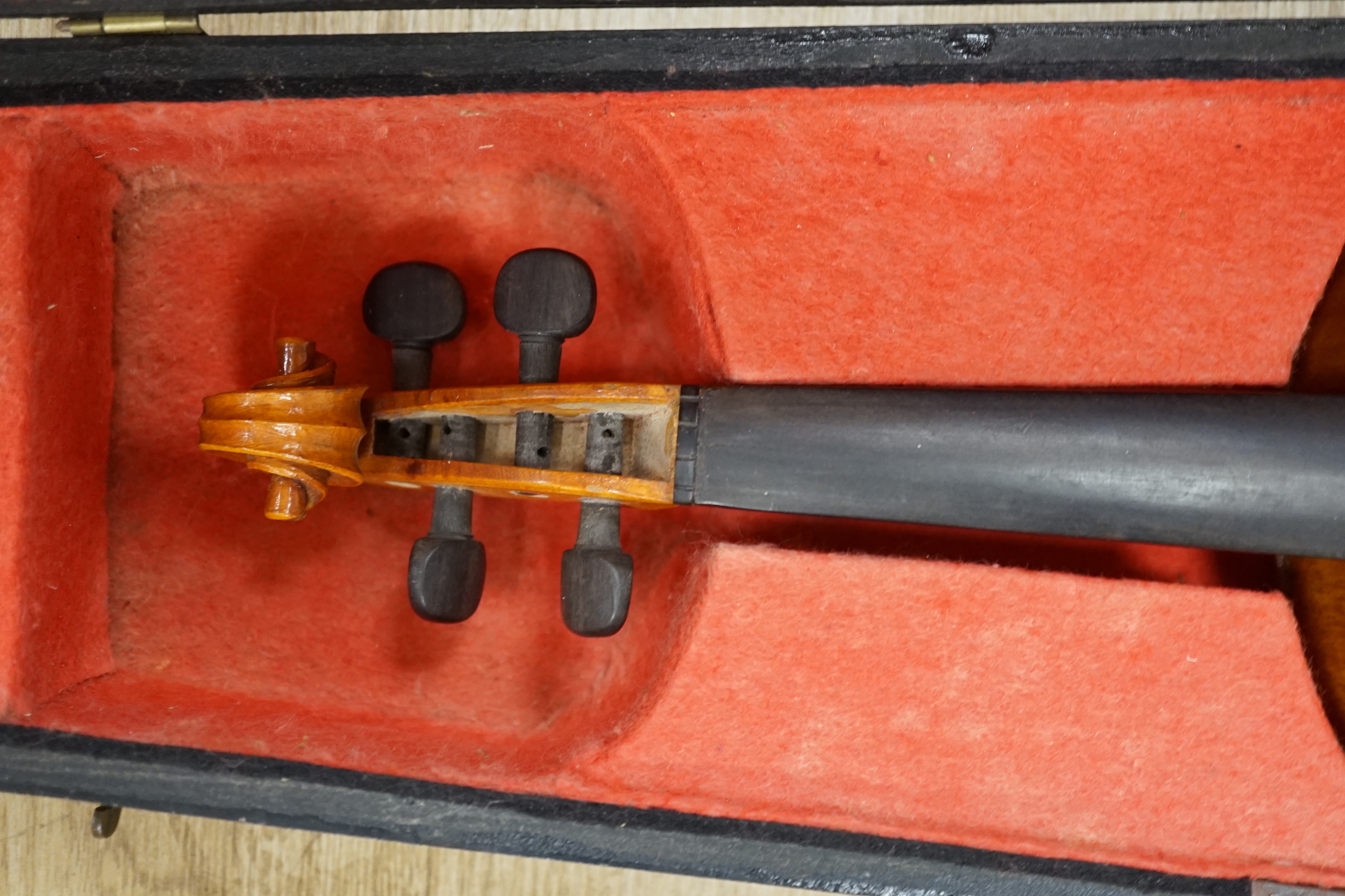 A wooden cased early 20th century French three-quarter size violin by Bonnel Rennes, length of body 33cm, with bow CITES Submission reference HV7BAZUC